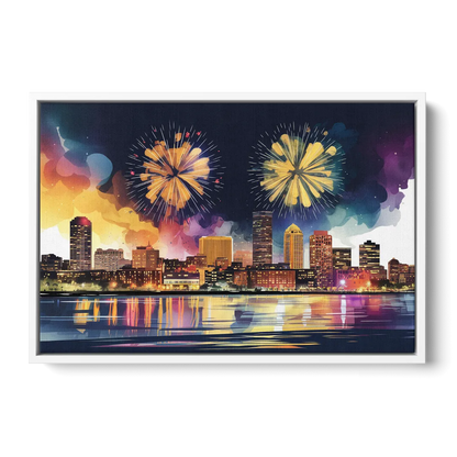 Boston Skyline With Fireworks - White Frame Canvas