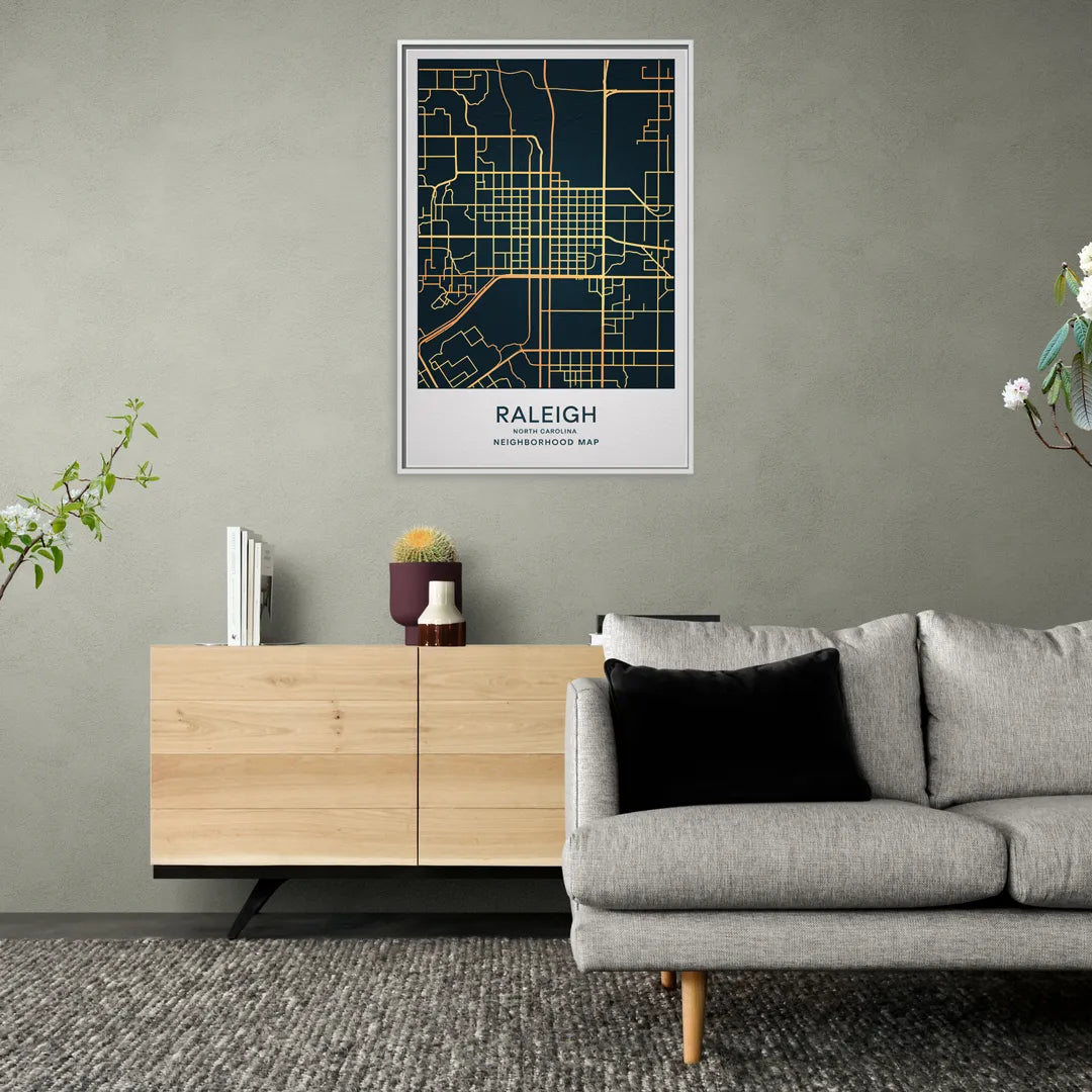 Raleigh Neighborhood Map - Living Room White Frame Canvas