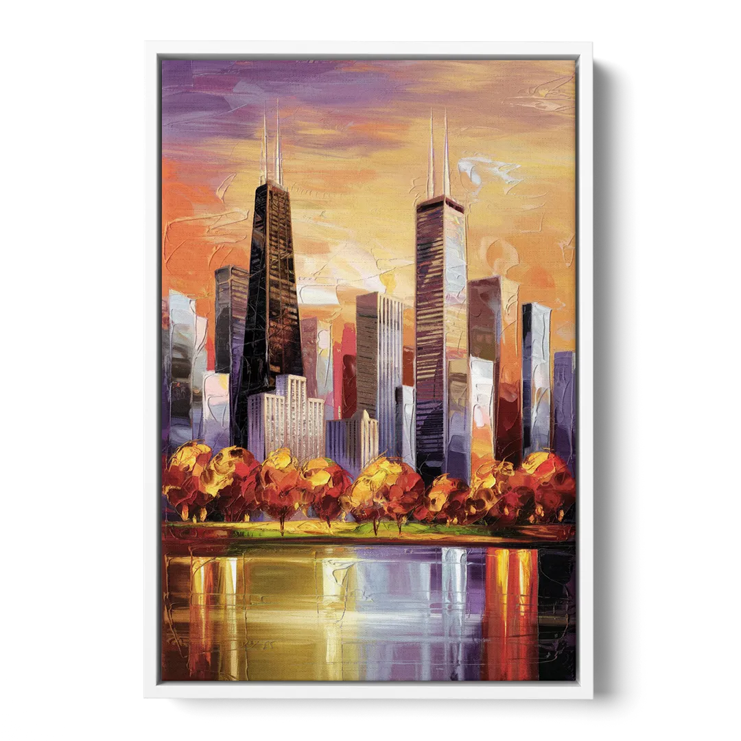 Chicago Skyline in Autumn - White Frame Canvas