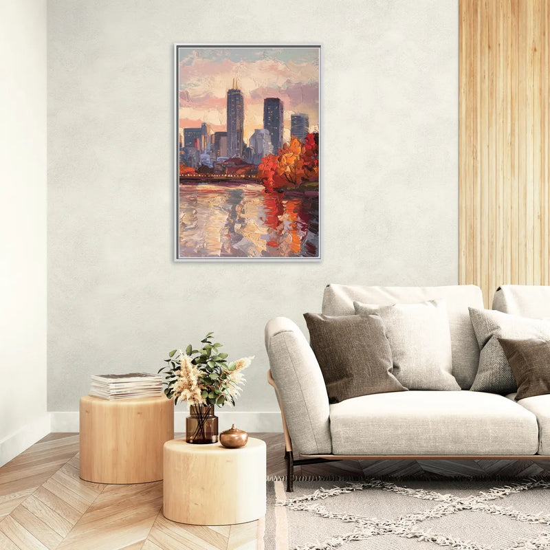 Boston Skyline with Fall Colors - Living Room White Frame Canvas