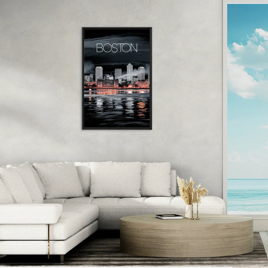 Boston Black and White Aesthetic - Living Room Black Frame Canvas