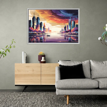 Garland Cityscape Sunset Horizon - Living Room White Frame Canvas