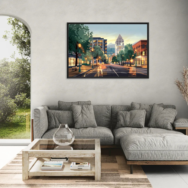 Eugene Cityscape Downtown - Living Room Black Frame Canvas
