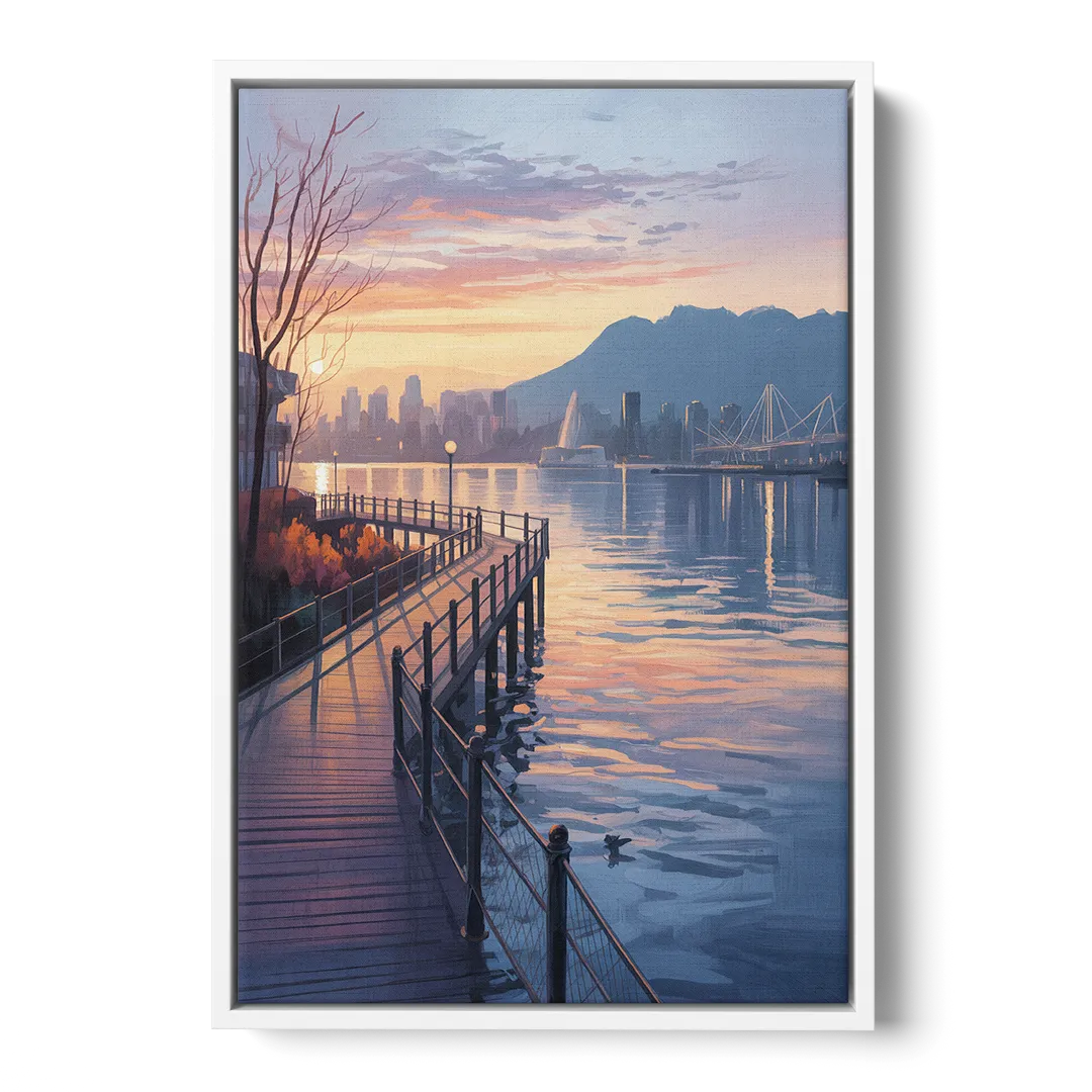 Vancouver Harbor Sunrise - White Frame Canvas