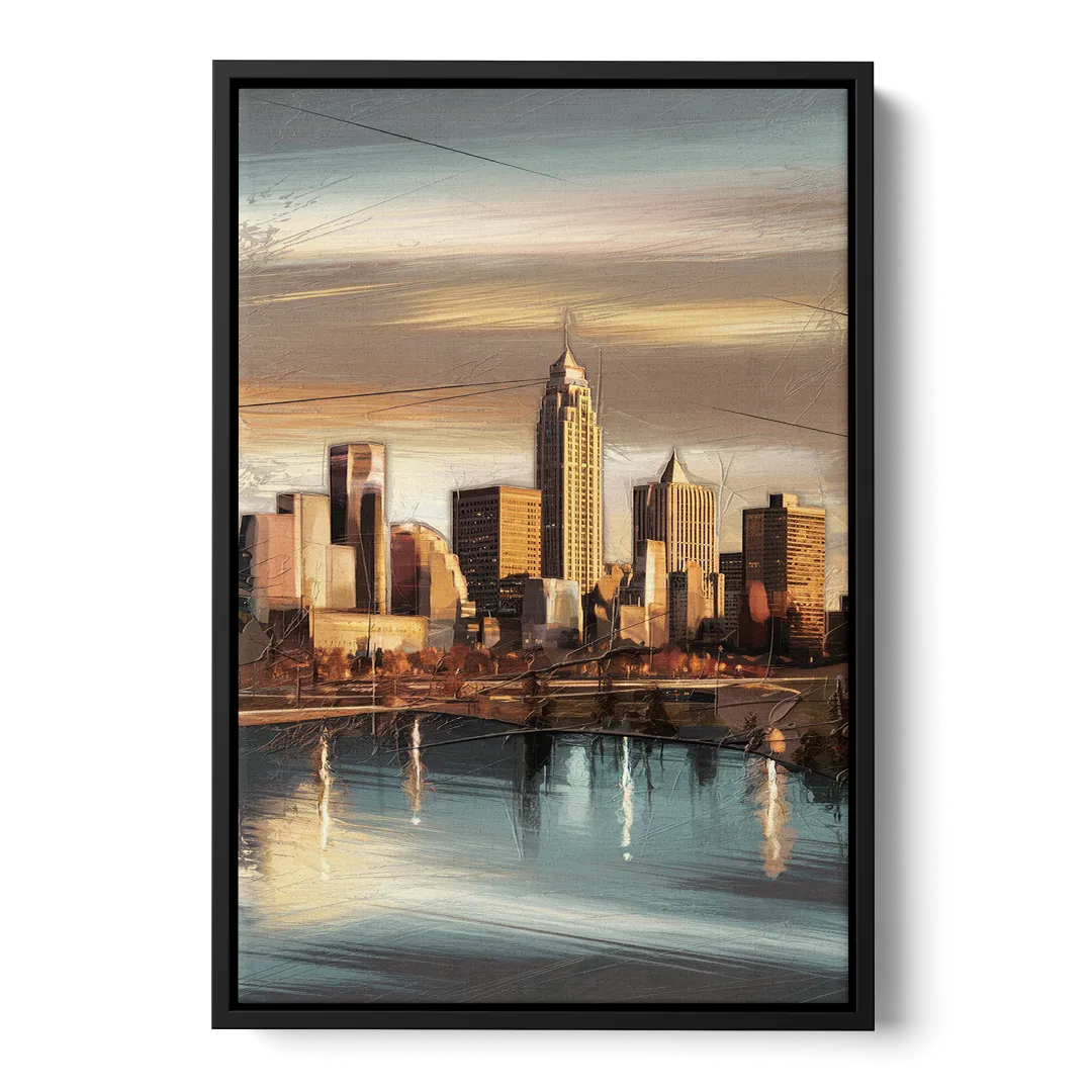 Des Moines Skyline Panorama - Black Frame Canvas