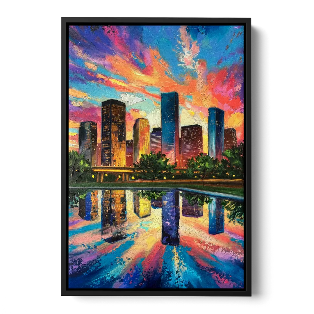Houston Skyline Reflections - Black Frame Canvas