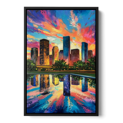 Houston Skyline Reflections - Black Frame Canvas