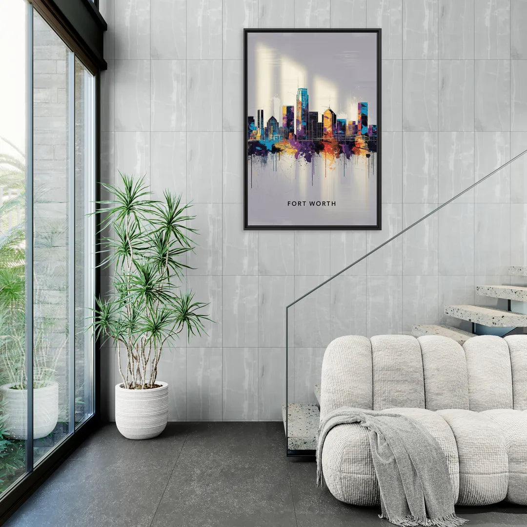 Fort Worth Downtown Skyline - Living Room Black Frame Canvas