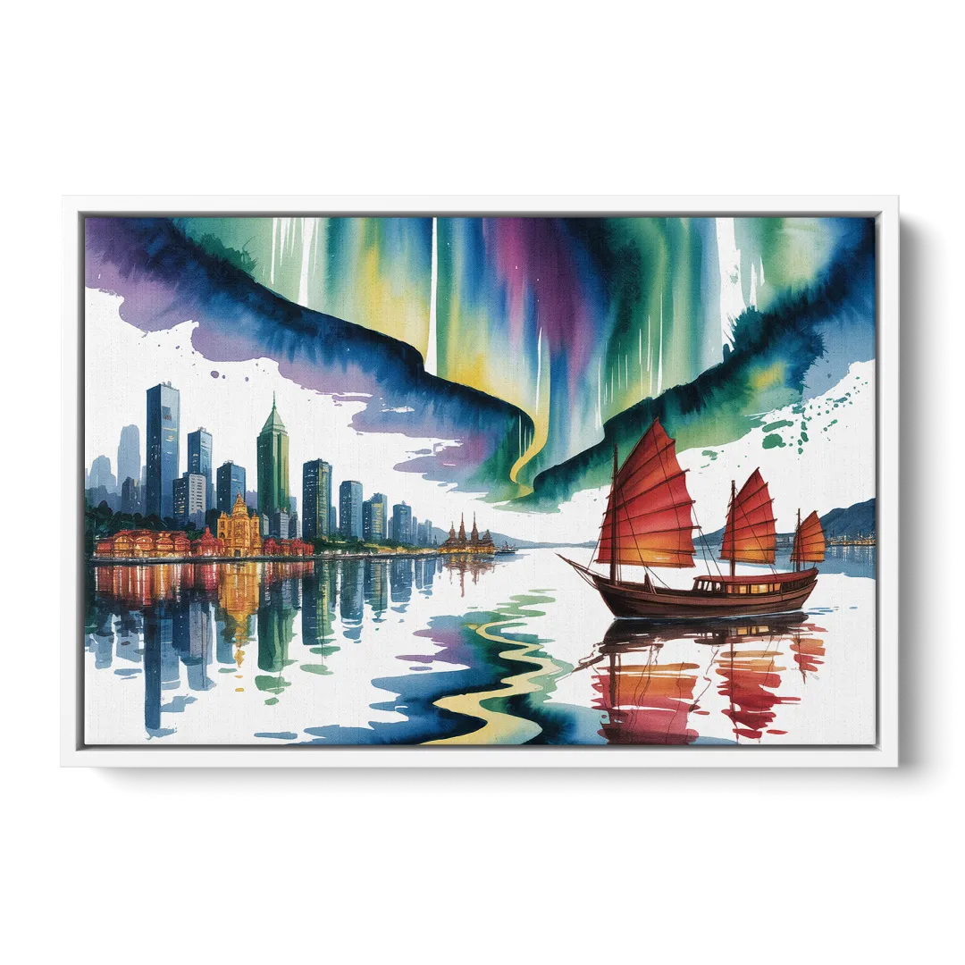 Victoria Harbour Lights - White Frame Canvas