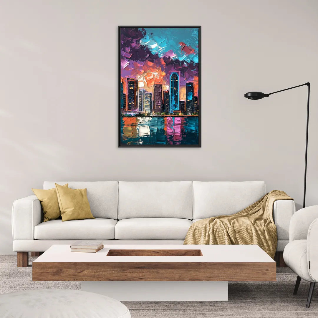Miami Iconic Skyline - Living Room Black Frame Canvas