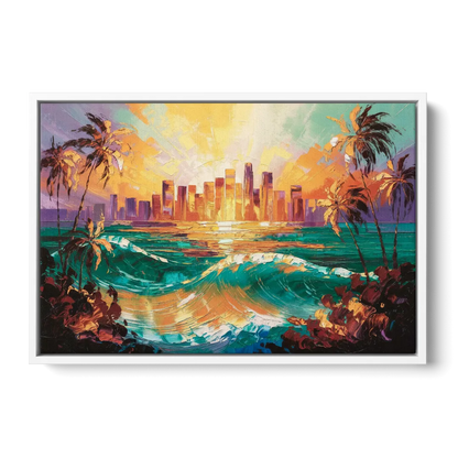 Los Angeles Sunset Over The Ocean - White Frame Canvas