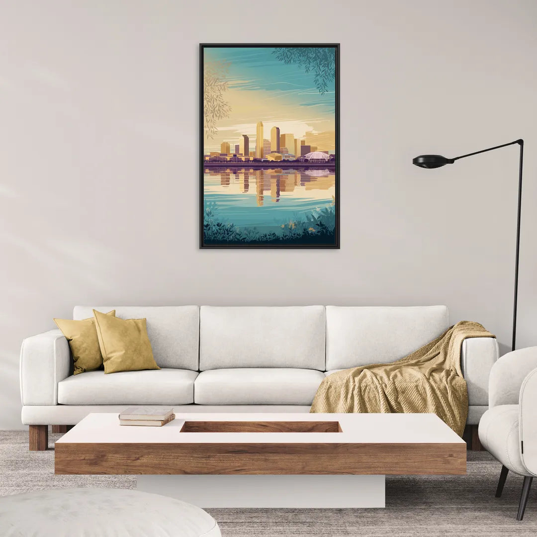 Garland Skyline Reflection - Living Room Black Frame Canvas