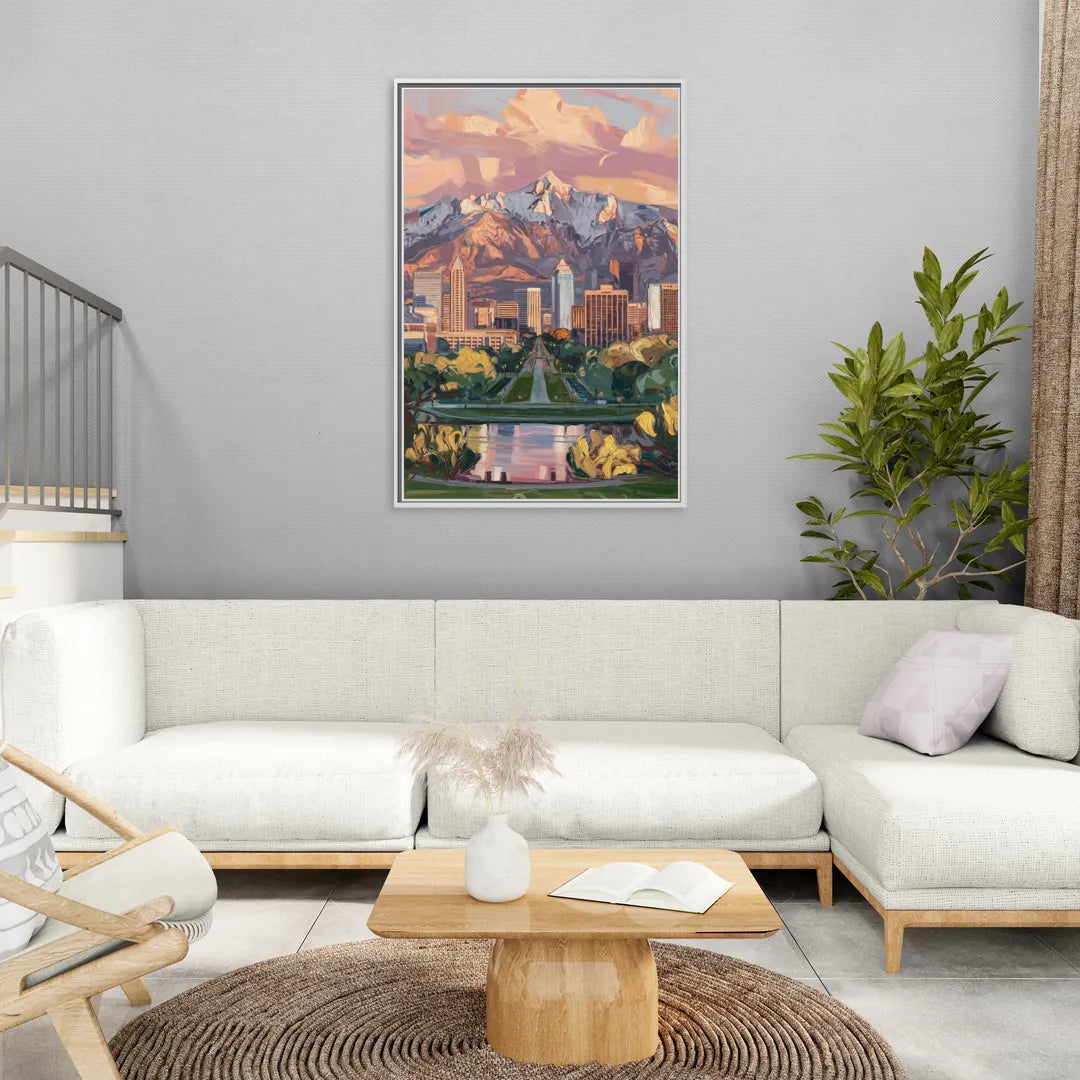 Salt Lake City Urban Landscape - Living Room White Frame Canvas