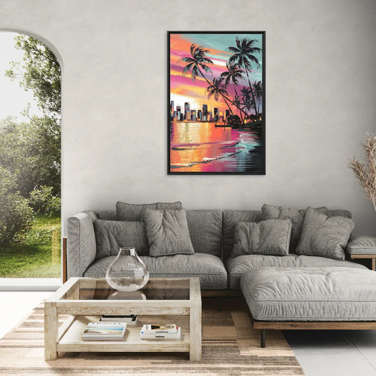 Miami Palm Trees and Sunset - Living Room Black Frame Canvas