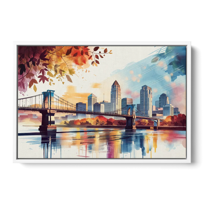 Cincinnati Skyline In Autumn - White Frame Canvas