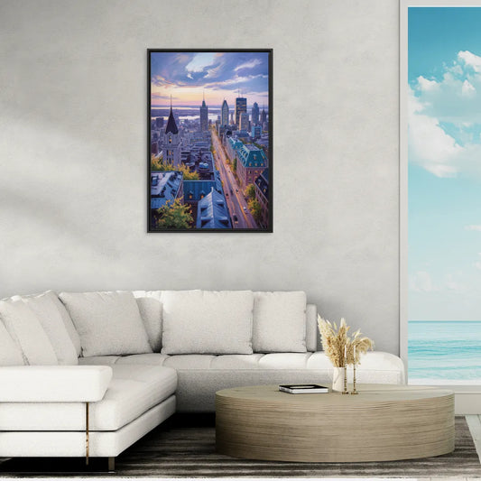 Montreal Rooftop View - Living Room Black Frame Canvas