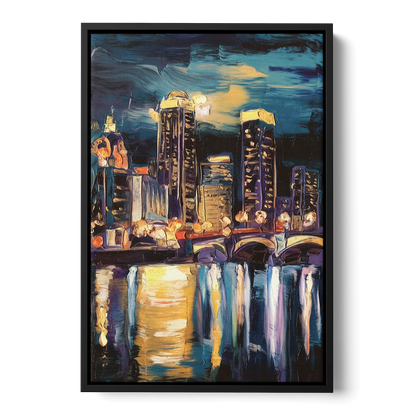 Grand Rapids Nighttime Skyline Glow - Black Frame Canvas