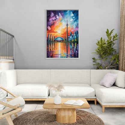 CN Tower Sunset Watercolor - Living Room White Frame Canvas