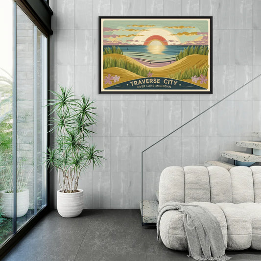 Traverse City Sunset Over Lake Michigan - Living Room Black Frame Canvas