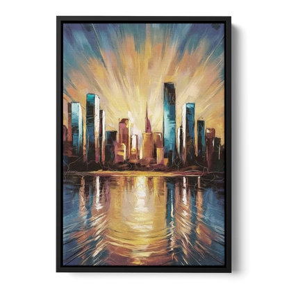 Riverside Sunset Over the City - Black Frame Canvas