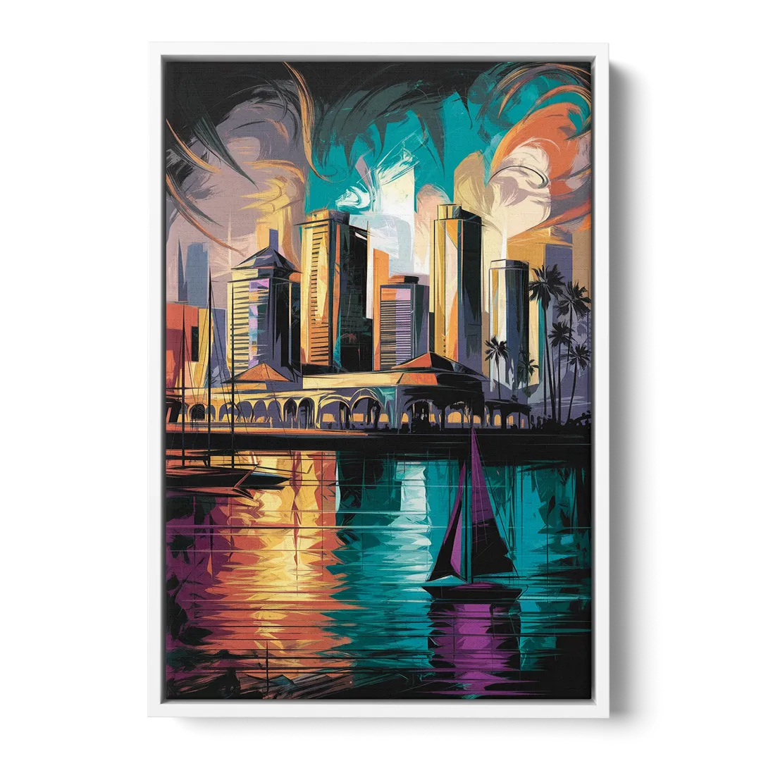 Corpus Christi Downtown Scene - White Frame Canvas