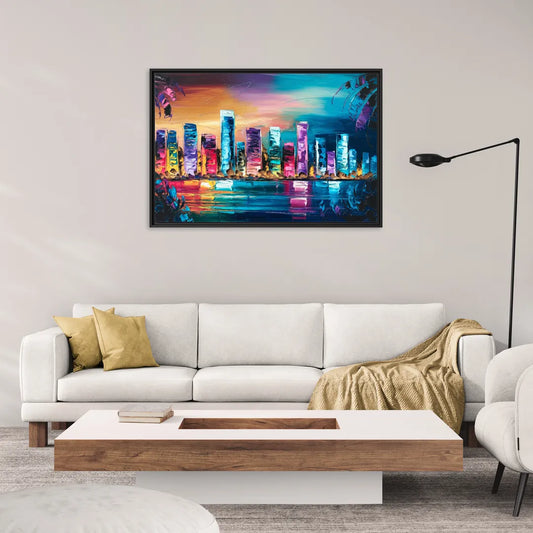 Miami Skyline Reflection - Living Room Black Frame Canvas
