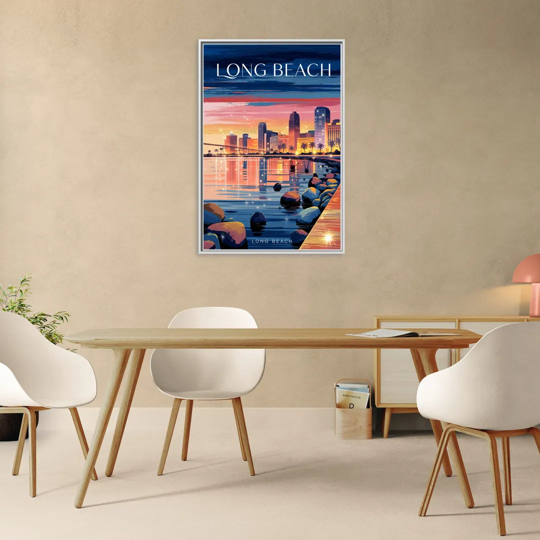 Long Beach Cityscape Evening Lights - Living Room White Frame Canvas