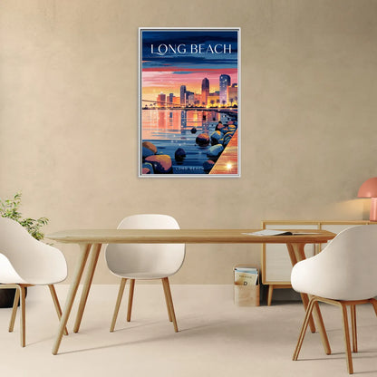 Long Beach Cityscape Evening Lights - Living Room White Frame Canvas