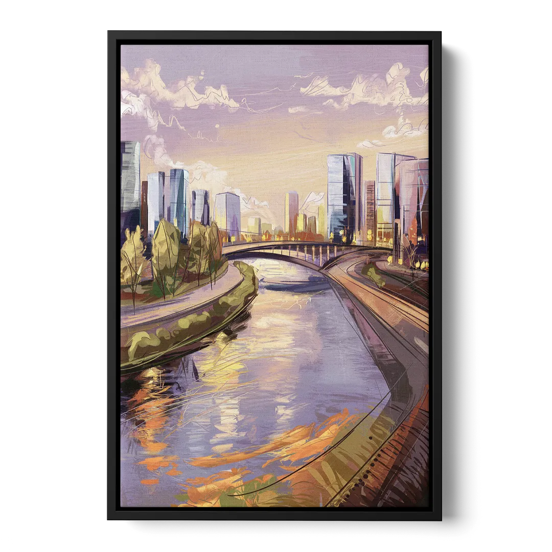 Riverside Urban Landscape - Black Frame Canvas
