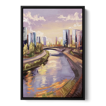 Riverside Urban Landscape - Black Frame Canvas