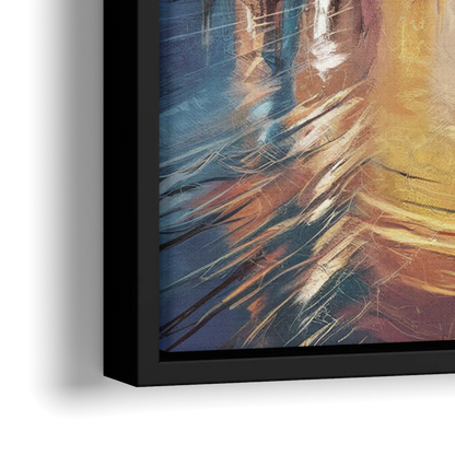 Riverside Sunset Over the City - Close-Up Black Frame Canvas