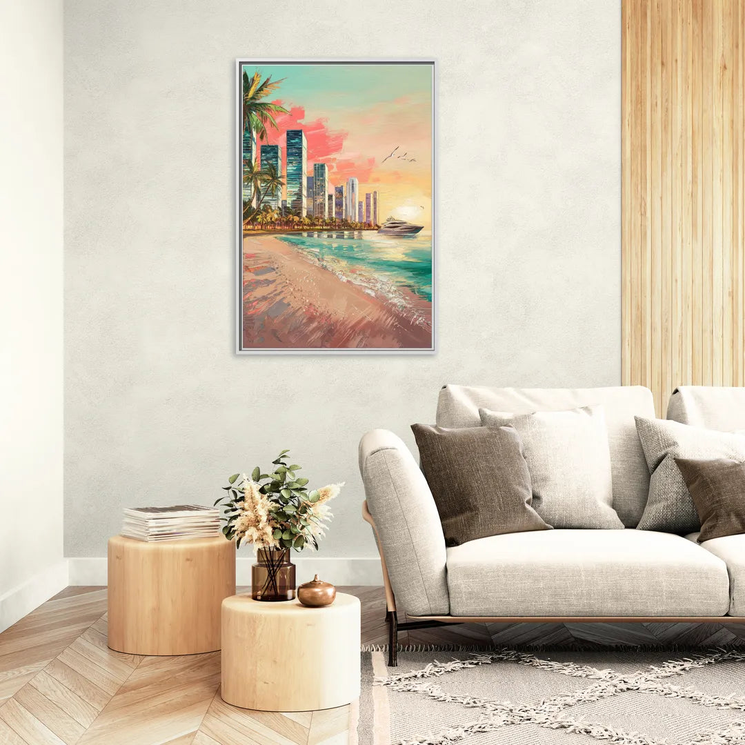 Miami Beachfront Horizon - Living Room White Frame Canvas