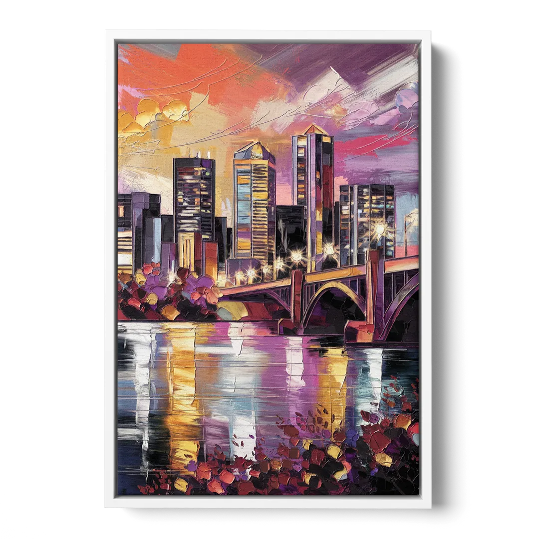 Minneapolis Vibrant City Lights - White Frame Canvas