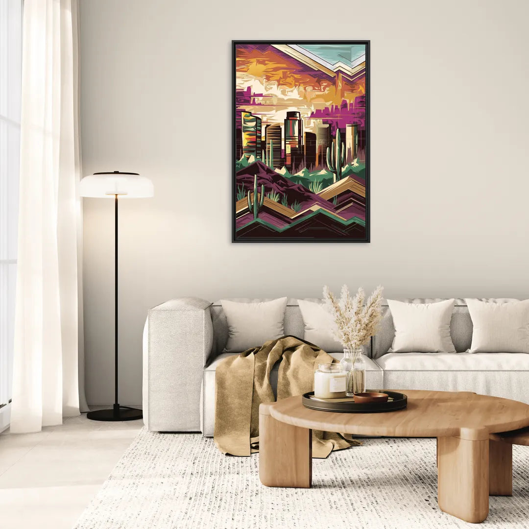 Phoenix Skyline at Sunset - Living Room Black Frame Canvas