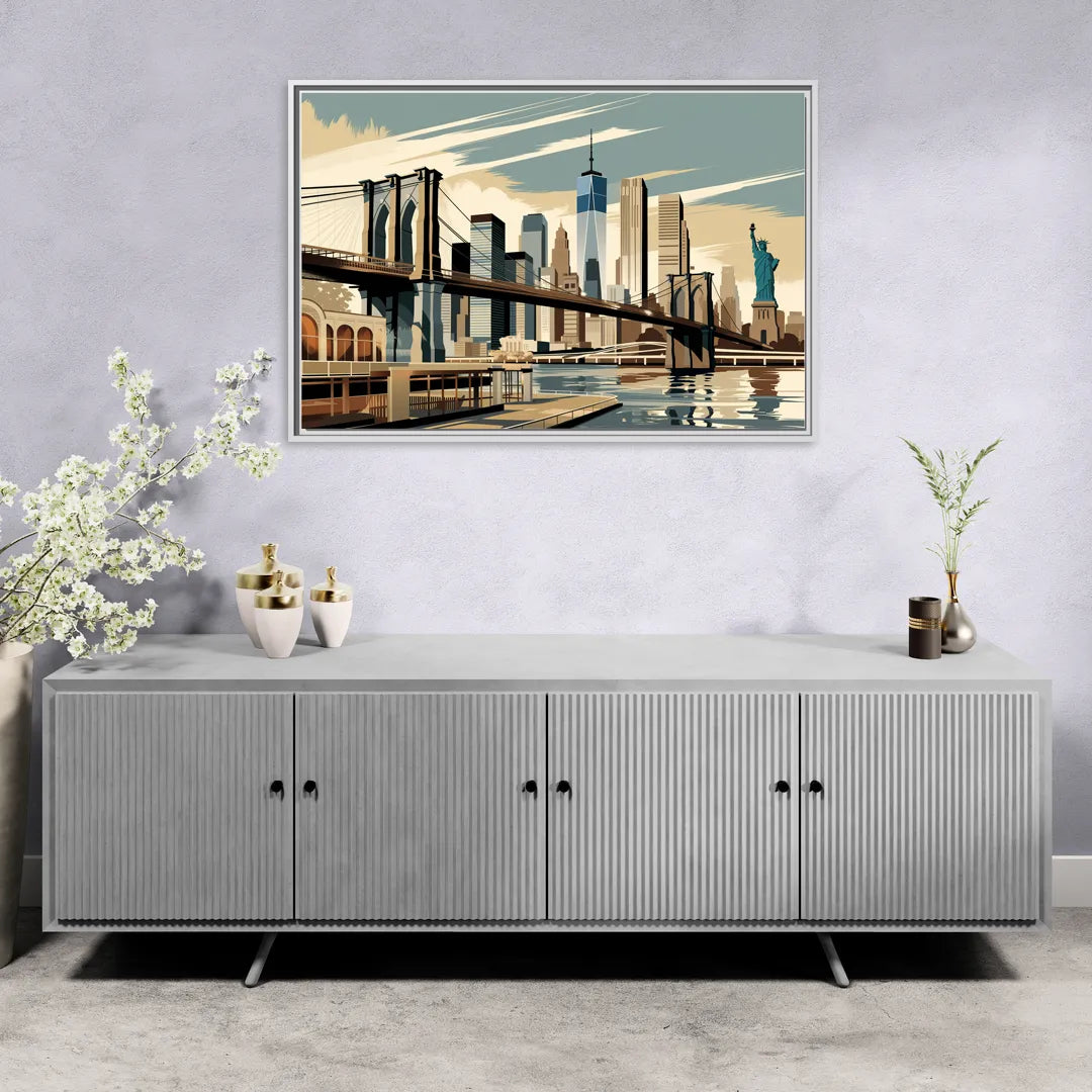 New York Brooklyn Bridge And Statue Of Liberty - Living Room White Frame Canvas