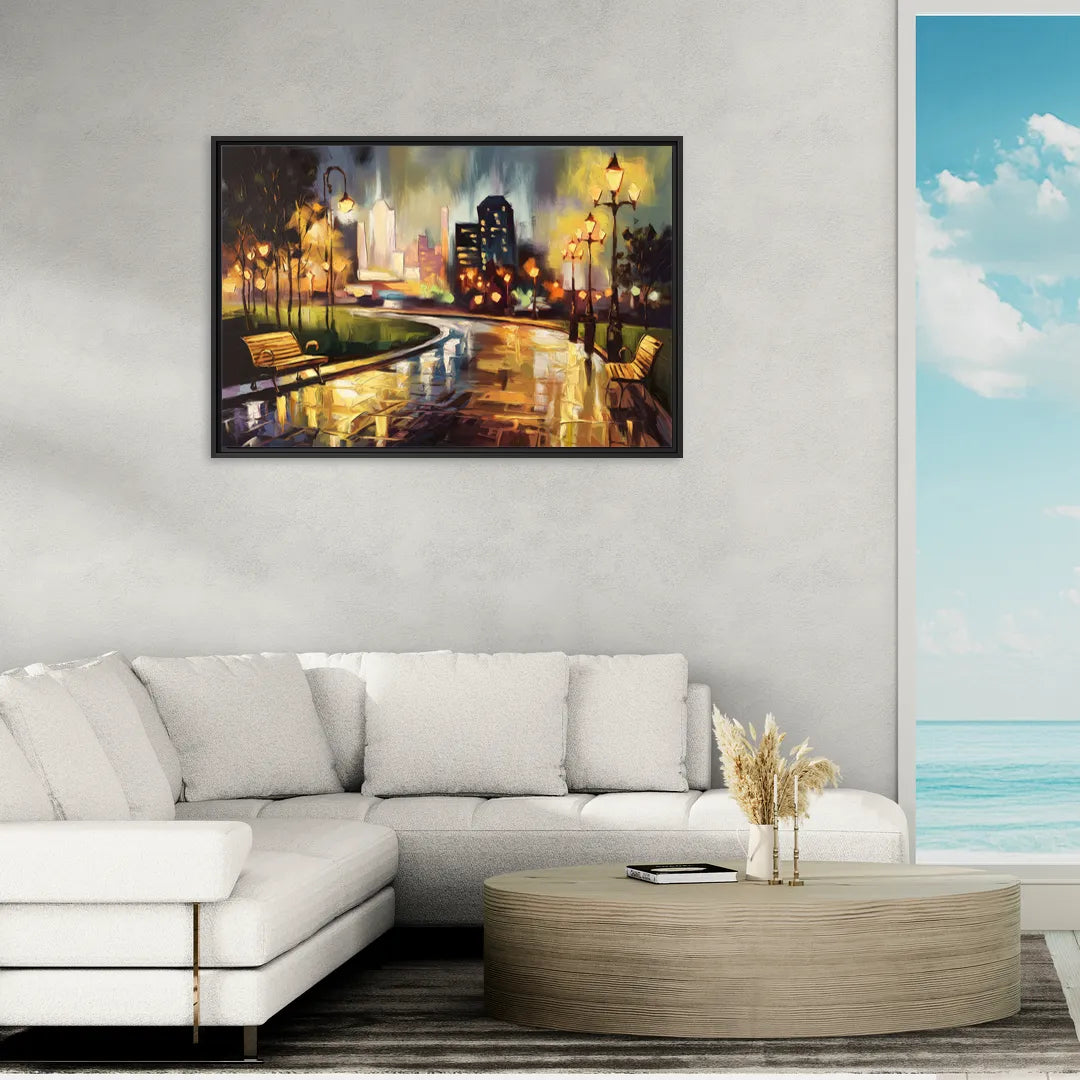 Tulsa Night Lights - Living Room Black Frame Canvas