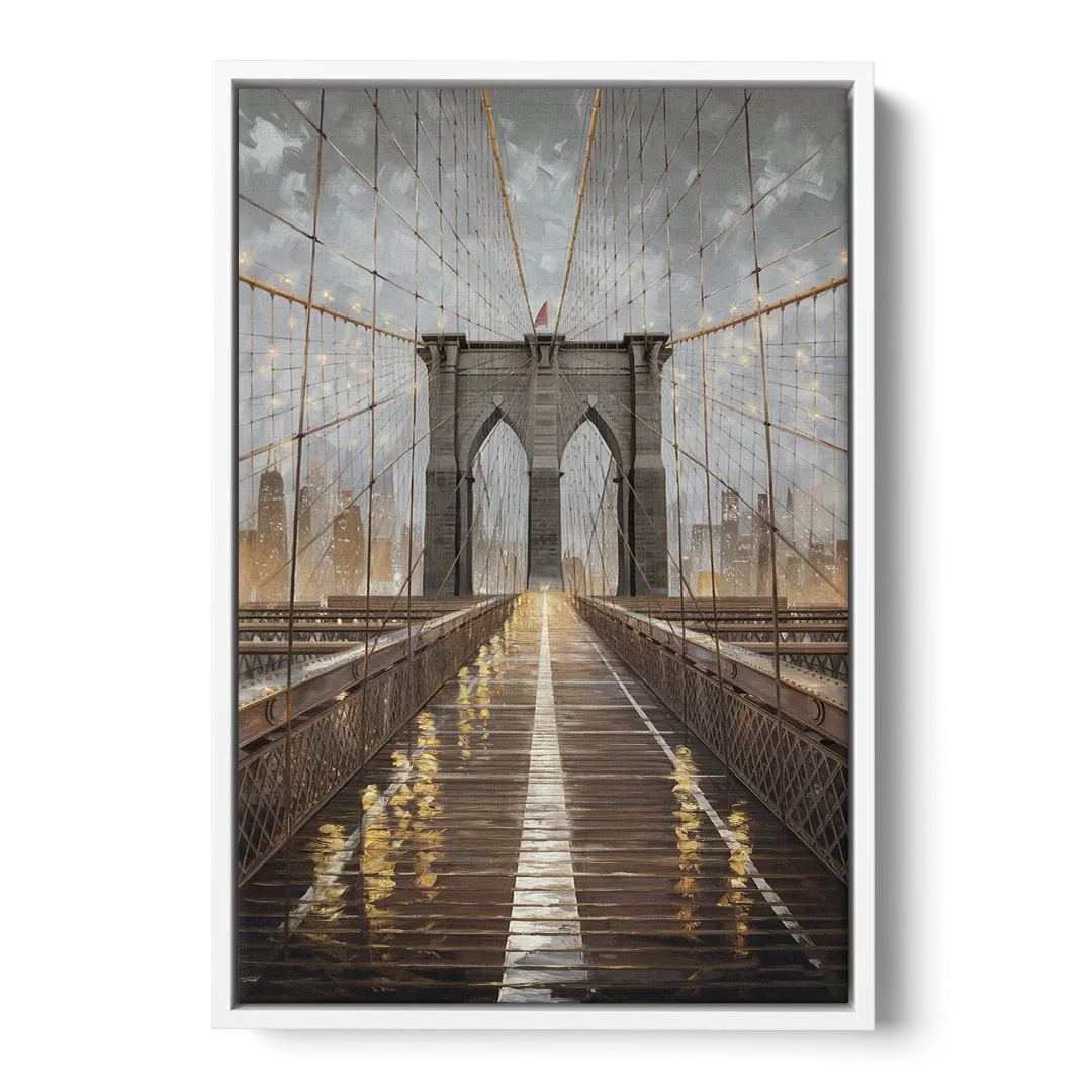 New York City Brooklyn Bridge View - White Frame Canvas
