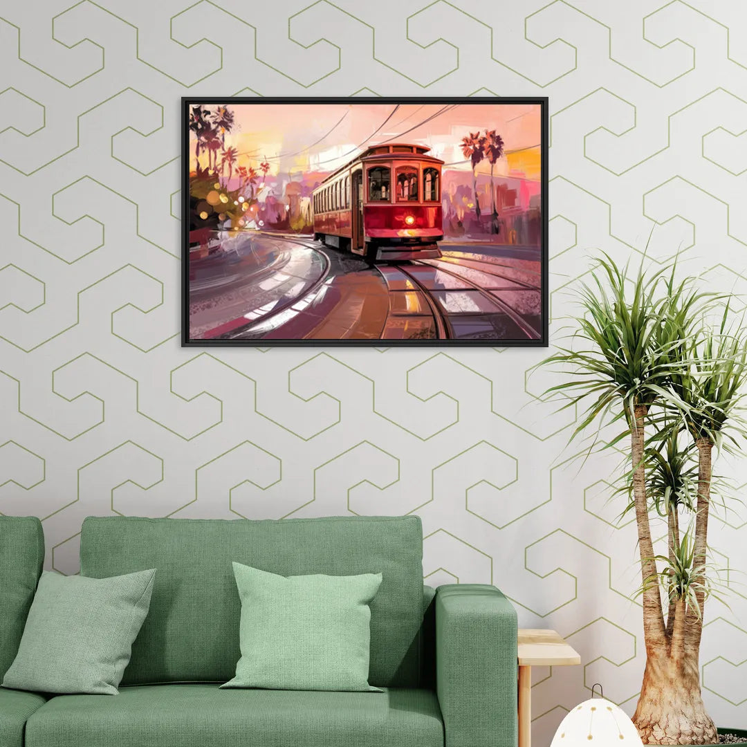 San Diego Trolley At Sunset - Living Room Black Frame Canvas