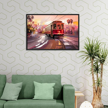 San Diego Trolley At Sunset - Living Room Black Frame Canvas