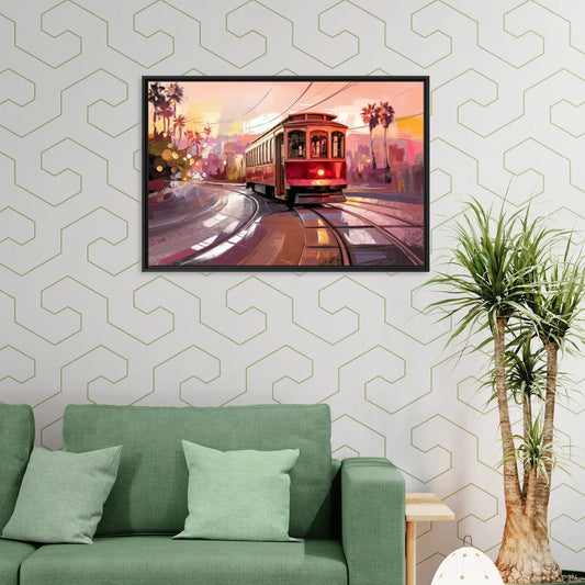 San Diego Trolley At Sunset - Living Room Black Frame Canvas