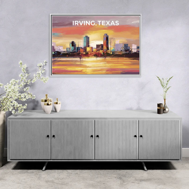 Irving Cityscape Sunset - Living Room White Frame Canvas