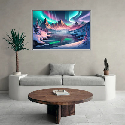 Aurora Snowy Peaks - Living Room White Frame Canvas