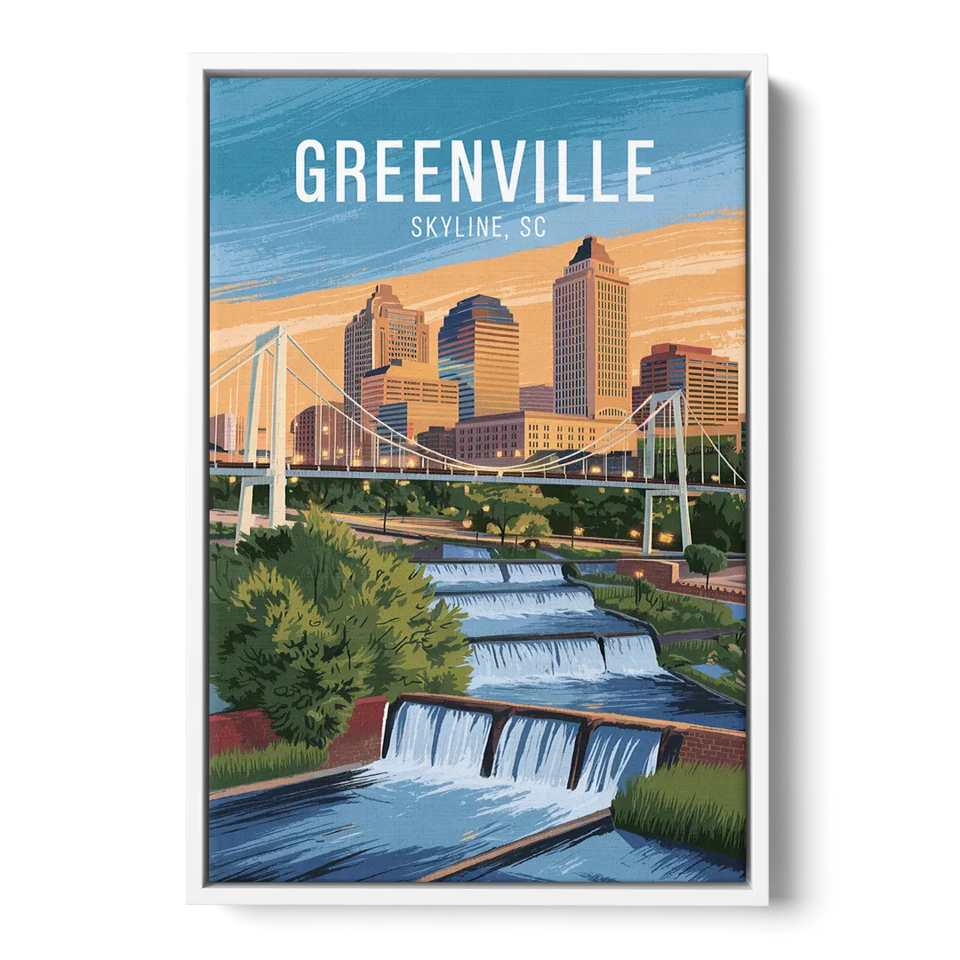 Greenville Skyline at Sunset - White Frame Canvas