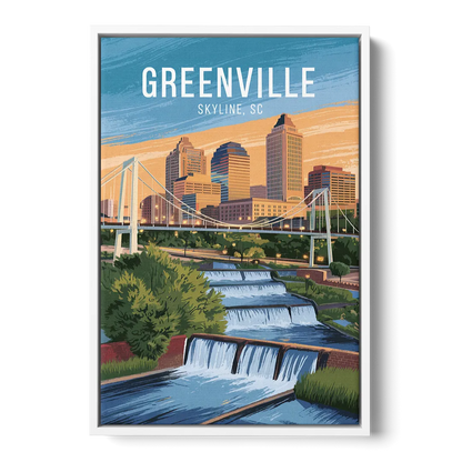 Greenville Skyline at Sunset - White Frame Canvas