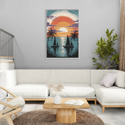 Key West Sunset Over Water - Living Room White Frame Canvas