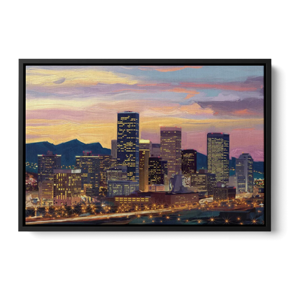 Denver Skyline At Dusk - Black Frame Canvas