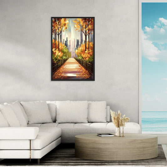 New York City Central Park in Fall Sunny - Living Room Black Frame Canvas