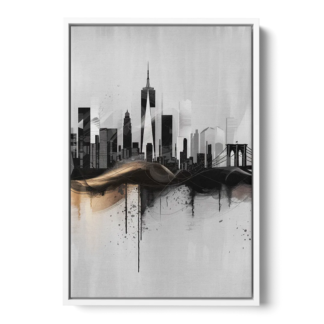 New York City Skyline Black Ink Style Minimalist - White Frame Canvas