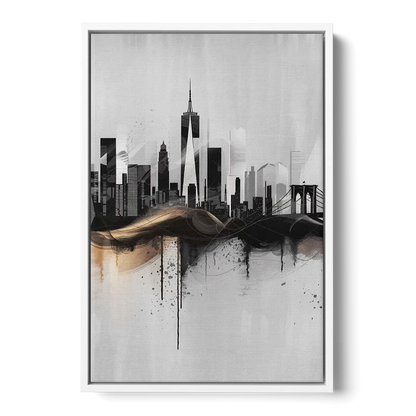 New York City Skyline Black Ink Style Minimalist - White Frame Canvas