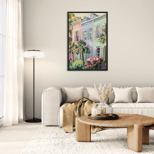 Charleston Rainbow Row - Living Room Black Frame Canvas